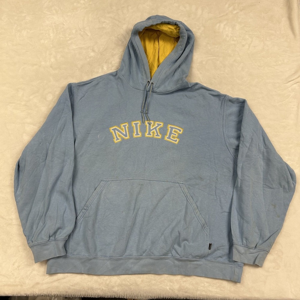 2000s Nike Hoodie Mens XXL Blue Yellow Spellout Vintage Y2K Pullover Sweatshirt